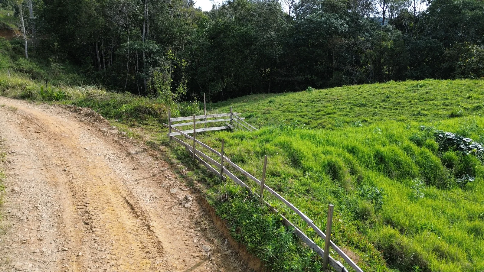 Estrada municipal, cerca e área verde em frente ao terreno